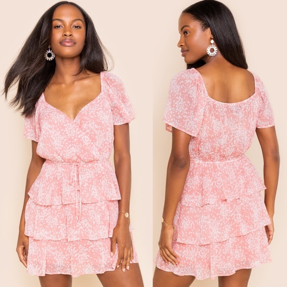Trixxi Dresses & Skirts - Trixxi Floral Print Mauve Pink Ruffle Tiered Tie Waist Flutter Sleeve Mini Dress